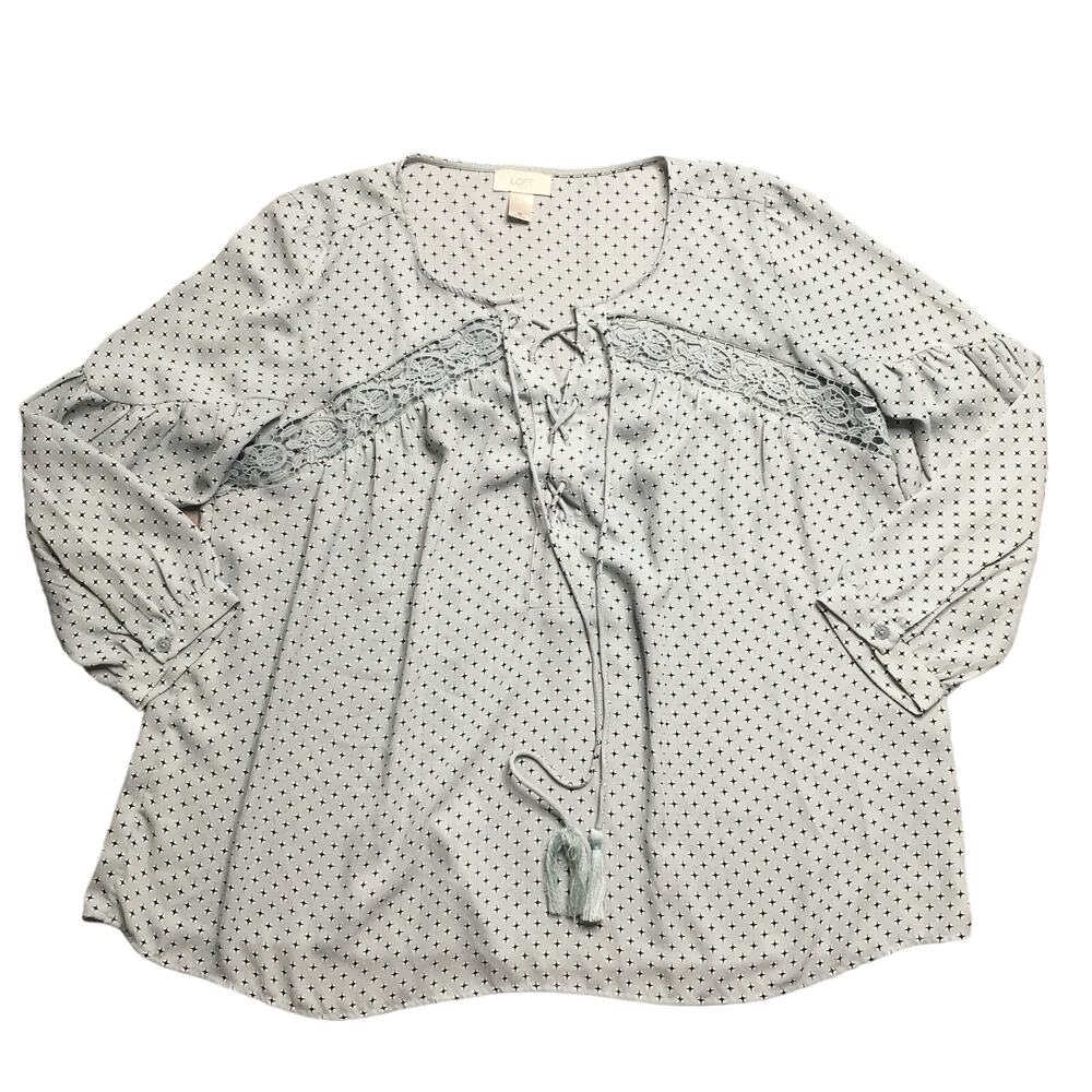 LOFT Womens Bishop Long Sleeve Boho Blouse Relaxed Tasseled Top Green Medium